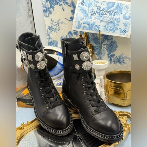 🆕 KURT GEIGER LONDON 🧿 NWOB Stoop Black Leather Combat Boot, Crystal Sz 37 US7 - Picture 4 of 15